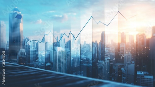 High-resolution stock market growth graph with cityscape background, symbolizing financial success and the dynamic nature of business trends, 