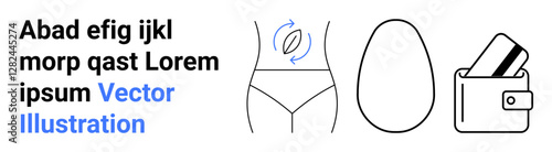 Human figure illustrating waist rotation, an egg, and a wallet with cards. Ideal for health, nutrition, fitness, financial management, lifestyle personal wealth wellness content. Landing page