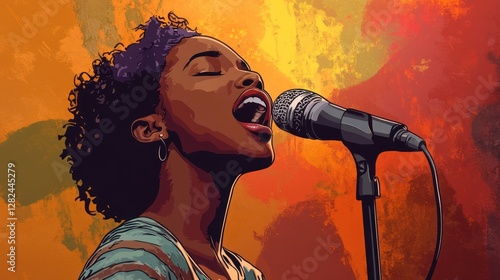 Black woman singing into microphone, vibrant background, artistic style