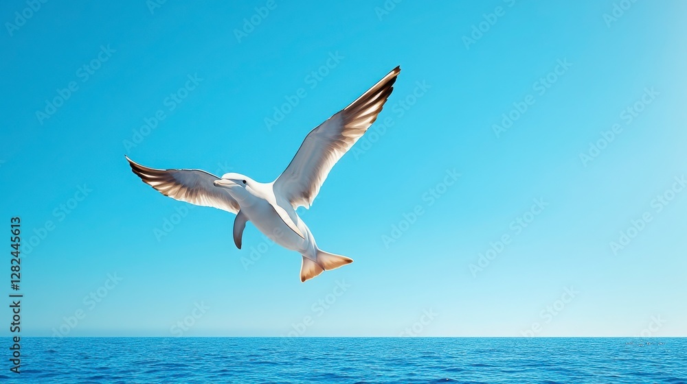 Obraz premium Seagull Flying Over Calm Blue Ocean Under Clear Sky