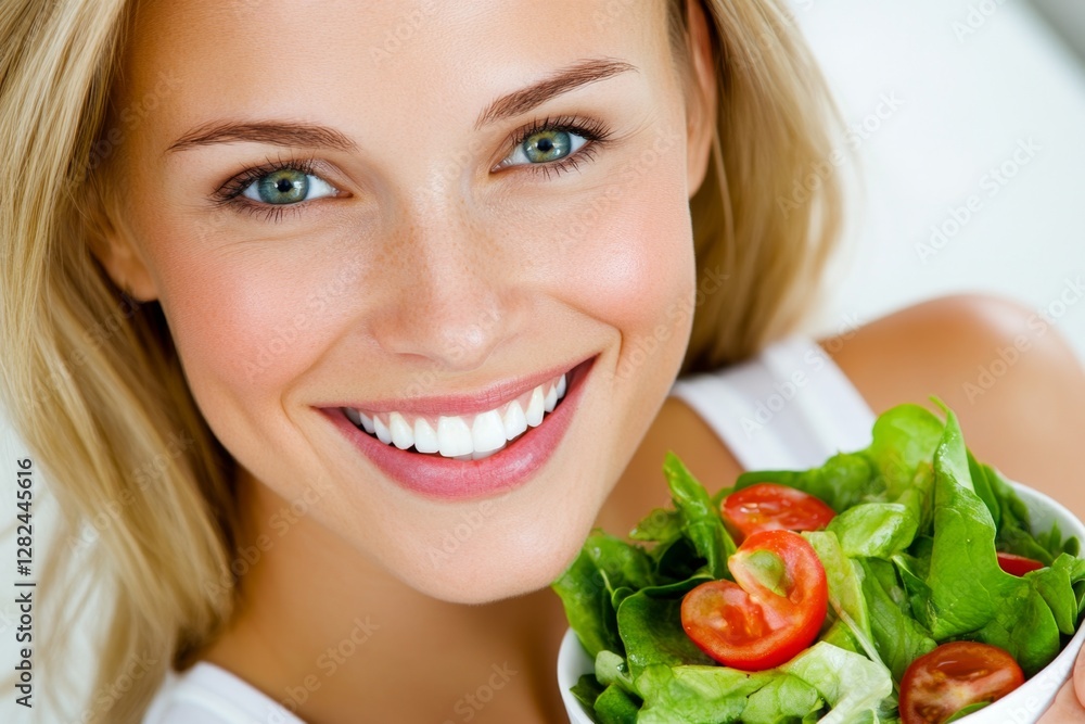 Portrait of a young and cheerful woman eating healthy salad on the kitchen at home Healthy eating, food and lifestyle concept