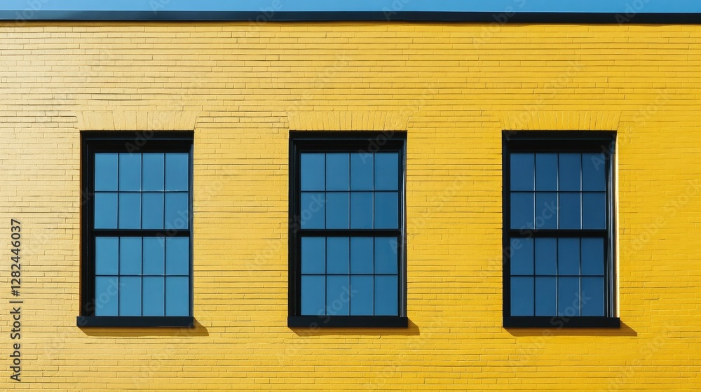 Fototapeta premium A contemporary building with three sleek black windows adding depth and contrast to a sunny yellow brick exterior.