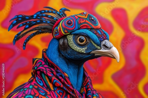 Portrait of peacock in human clothing Creative portrait of wild animal on abstract background Antropomorphic animal Created with Generative AI