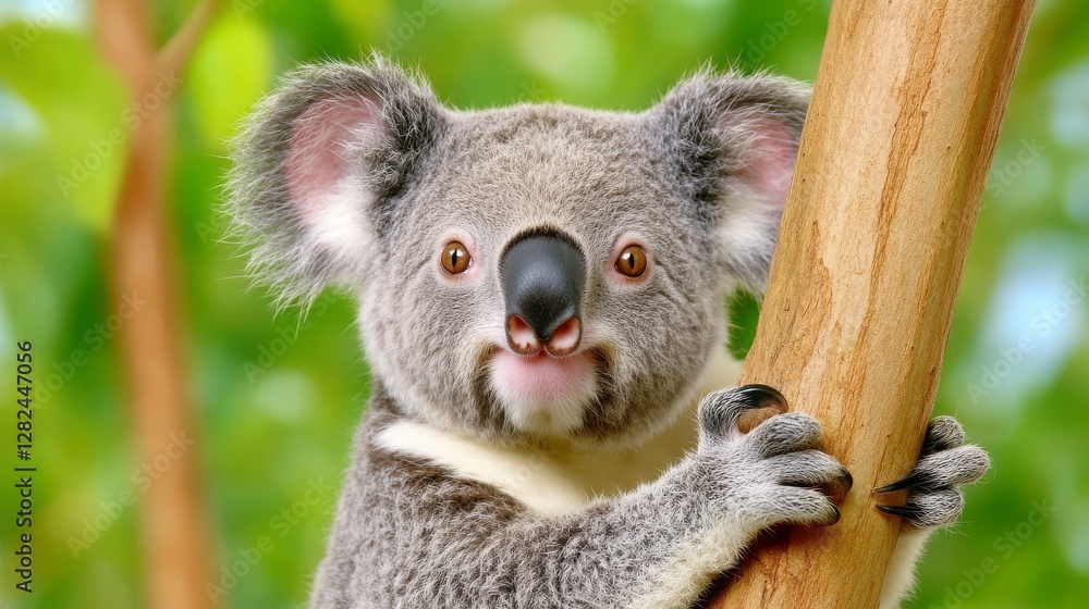 Naklejka premium Adorable Koala Posing on Tree Branch in Lush Green Environment