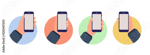 Collection of different hand holding phone in flat style isolated on white background.