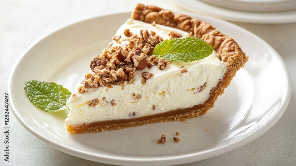 A delicious slice of vanilla ice cream pie with nut crunch and fresh mint leaves, served on a white plate. A delicious slice of vanilla ice cream pie with nut crunch and fresh mint leaves, served on a white plate.