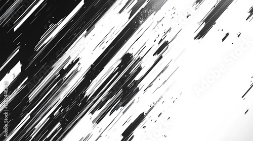 Abstract black and white diagonal streaks creating a dynamic motion effect with textured patterns