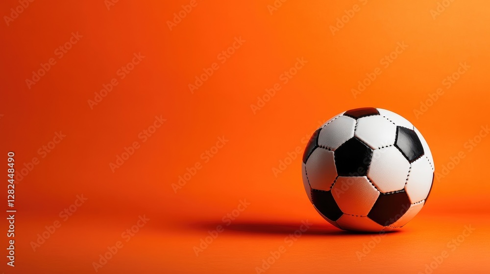 Fototapeta premium Sports theme stock photo with a traditional soccer ball, placed on a vibrant orange background, professional studio lighting.
