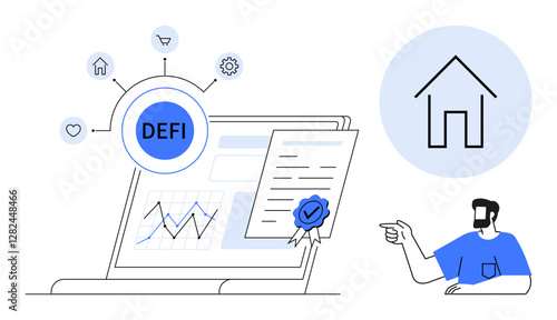 Laptop with DeFi elements including charts, contract with seal, various icons thumbs up house and gear. Ideal for finance, blockchain, smart contracts, investment, tech innovation, digital economy