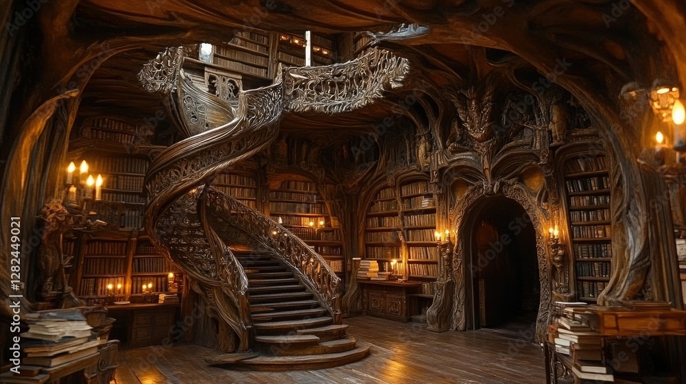 Obraz premium A fantasy library with intricate wooden carvings, dim candlelight, and a hidden portal among the books.