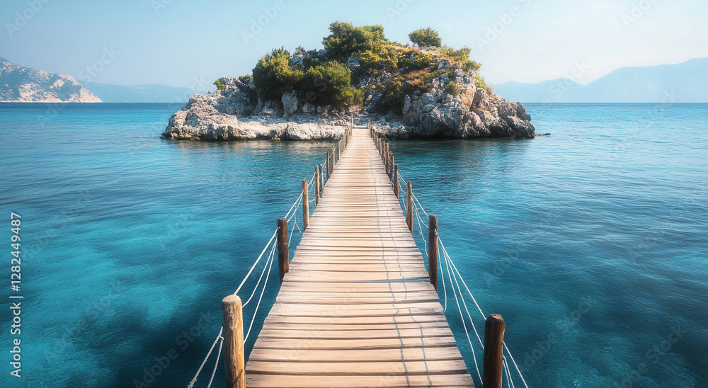 Fototapeta premium A wooden bridge leads to a small, tree-covered island surrounded by clear, turquoise water, under a clear blue sky.