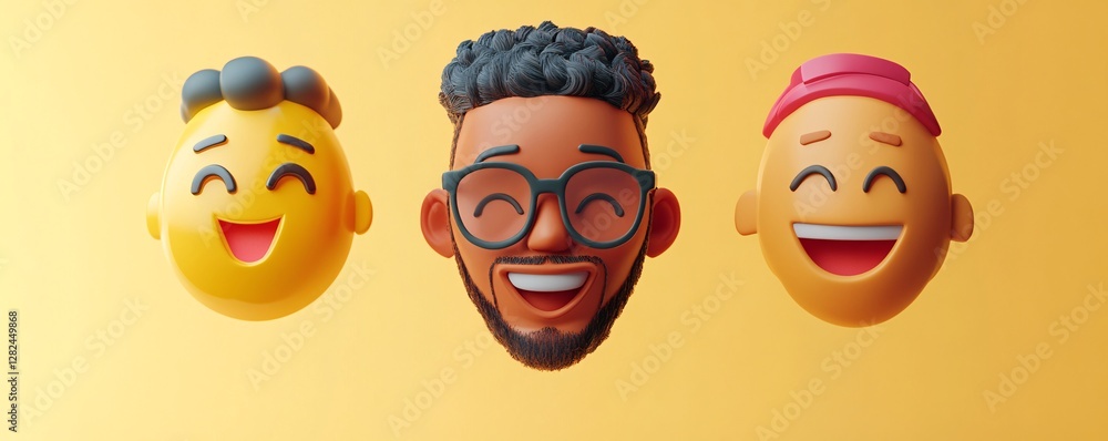 Three joyful emojis smiling and expressing happiness on yellow background Three joyful emojis smiling and expressing happiness on yellow background