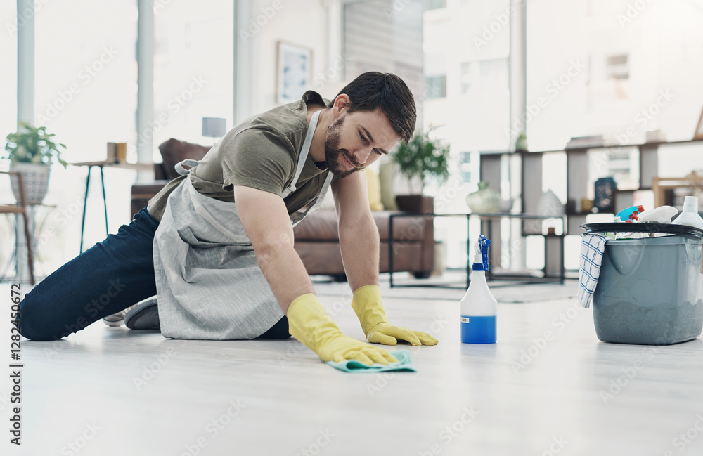 Happy man, cleaning and floor with cloth for housekeeping, chores or tidying at home. Male person, cleaner or maid with detergent, gloves or bucket of supplies for bacteria or germ removal at house Happy man, cleaning and floor with cloth for housekeeping, chores or tidying at home. Male person, cleaner or maid with detergent, gloves or bucket of supplies for bacteria or germ removal at house