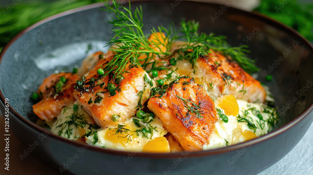 Grilled Salmon Fillet with Fresh Herbs and Creamy Sauce Garnish Grilled Salmon Fillet with Fresh Herbs and Creamy Sauce Garnish