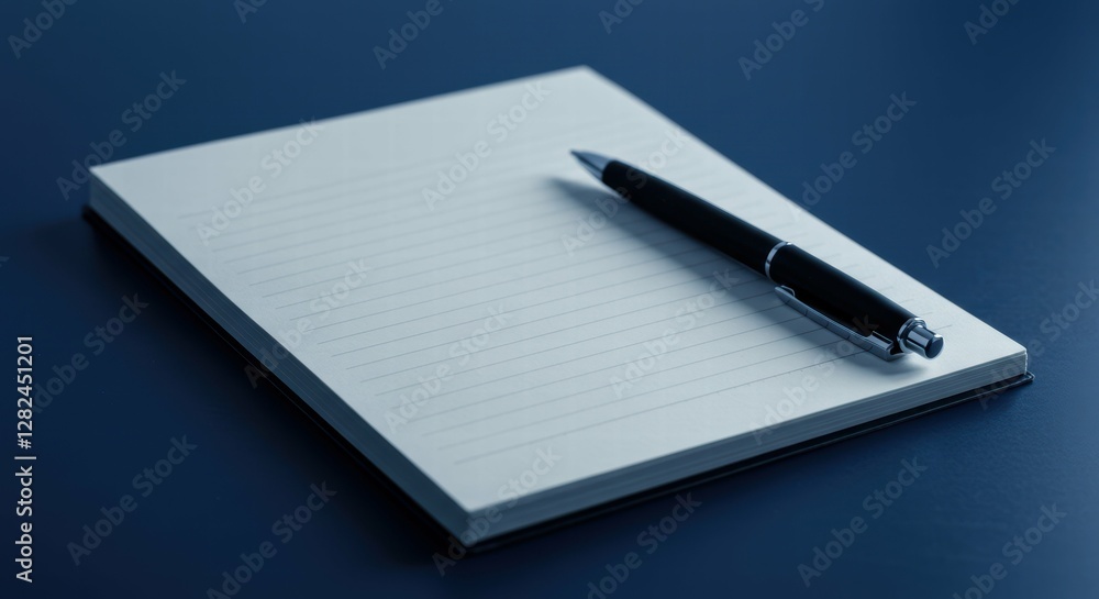 Minimalistic workspace featuring a blank notebook and pen. Minimalistic workspace featuring a blank notebook and pen.