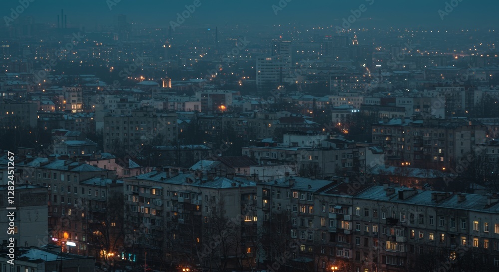 Fototapeta premium Diminishing urban vitality city's twilight lights amidst economic decline