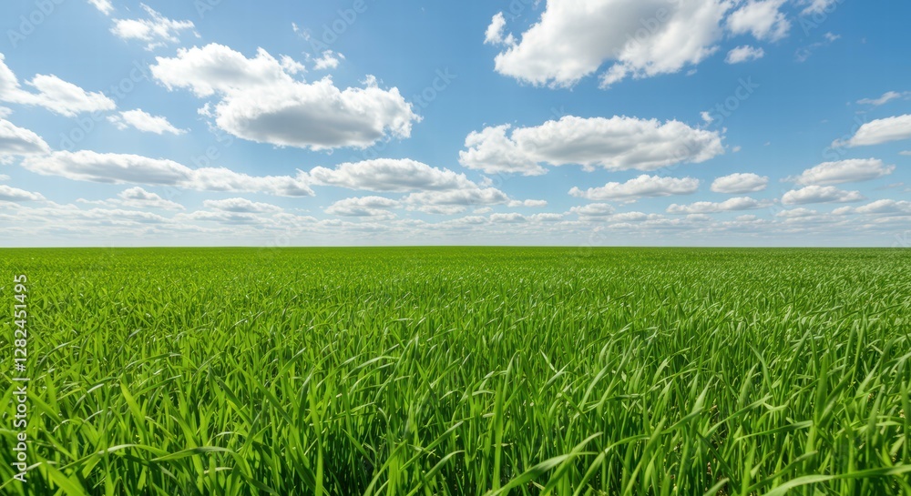 Vibrant green field under a blue sky with fluffy clouds. Vibrant green field under a blue sky with fluffy clouds.