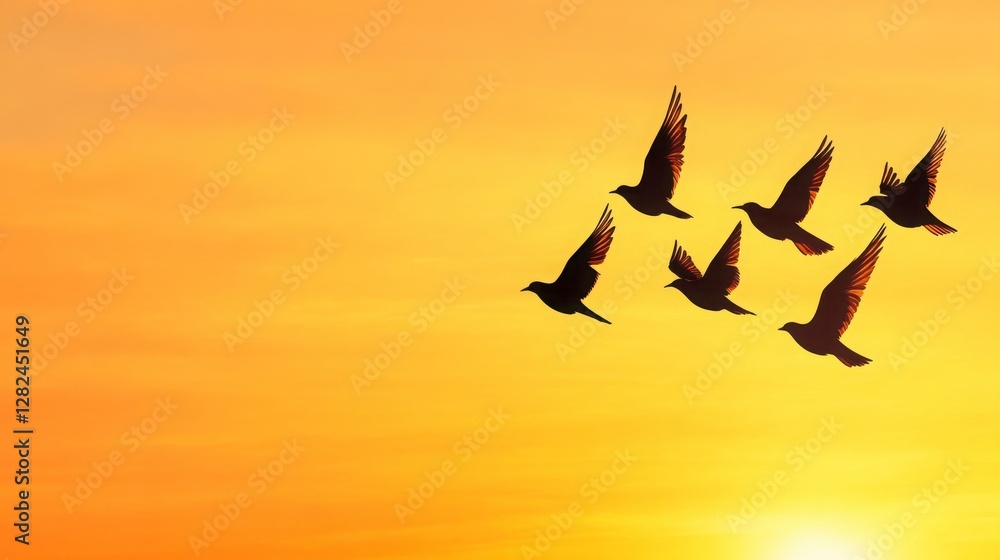 Fototapeta premium Stunning Silhouette of Birds Flying Against Vibrant Sunset Sky