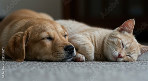 Wallpaper Mural Dog and cat sleeping together in cozy indoor setting. Torontodigital.ca