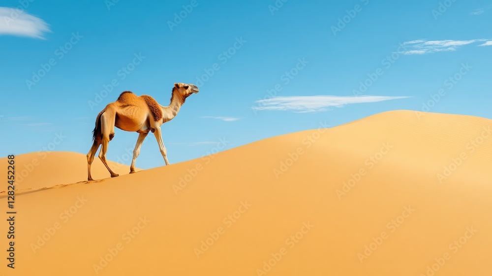 Camel Walking in Golden Sand Dunes Under Clear Blue Sky Camel Walking in Golden Sand Dunes Under Clear Blue Sky
