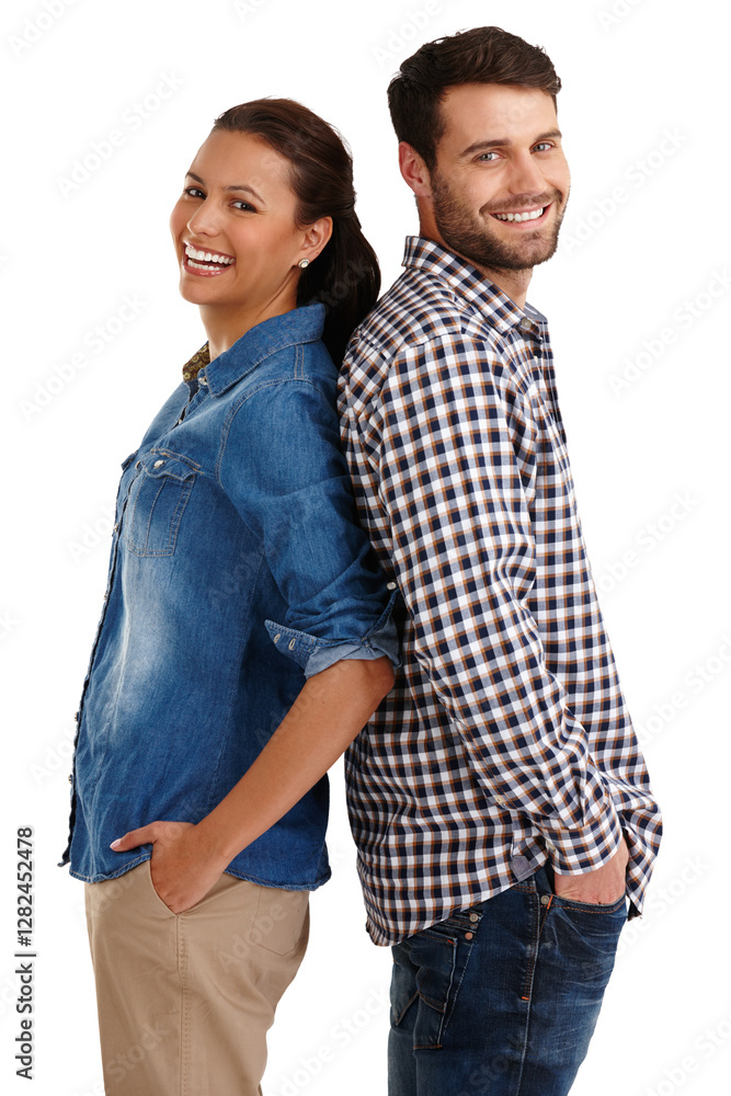 Portrait, back and couple with smile, support and happiness isolated on white studio background. Love, people and man with woman, leaning and bonding together with relationship, trust and marriage Portrait, back and couple with smile, support and happiness isolated on white studio background. Love, people and man with woman, leaning and bonding together with relationship, trust and marriage