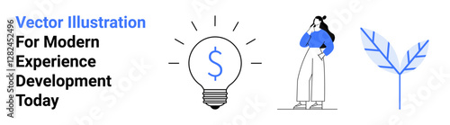 Woman in contemplation pose beside lightbulb with dollar sign and minimalist plant. Ideal for innovation, finance planning, eco design, creativity, modern business, strategy, flat landing page banner