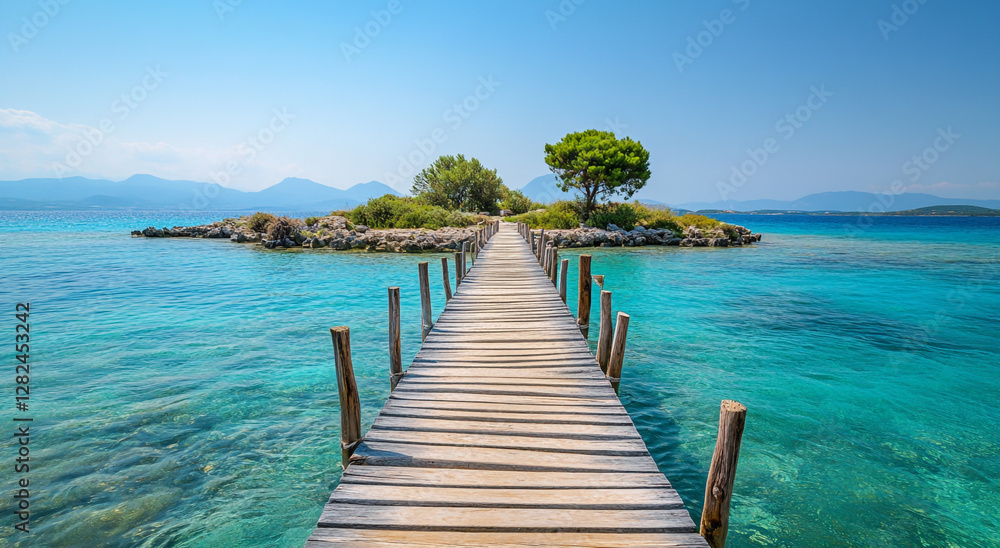 Obraz premium A wooden bridge leads to a small, tree-covered island surrounded by clear, turquoise water, under a clear blue sky.