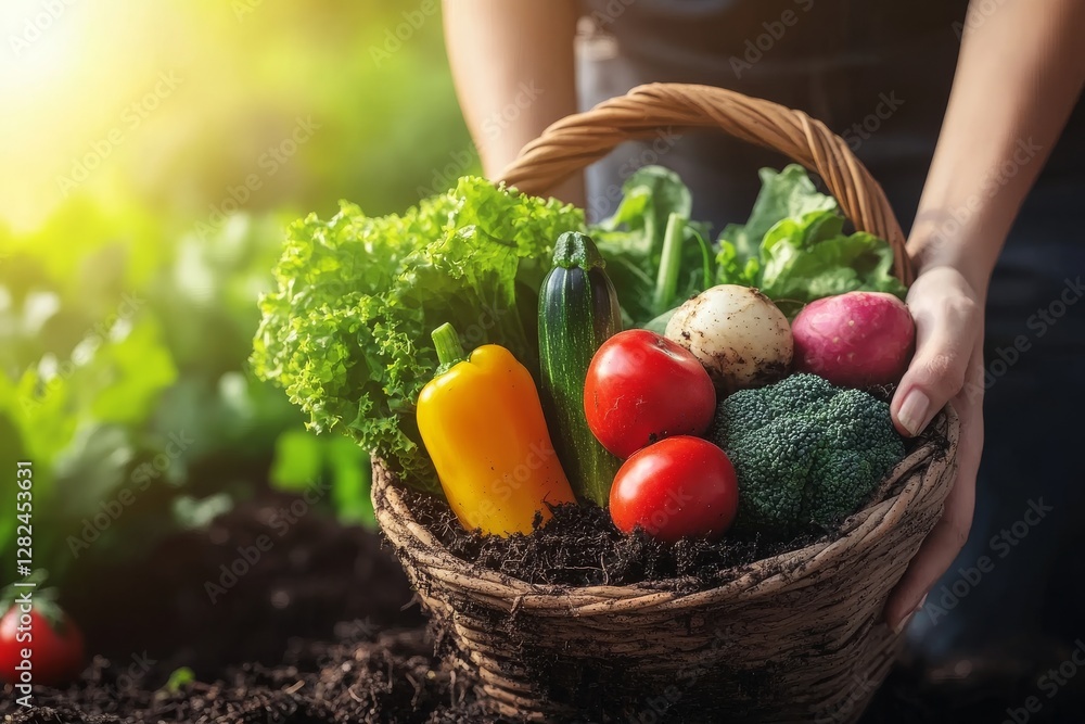 Naklejka premium Woman holding basket full of fresh vegetables