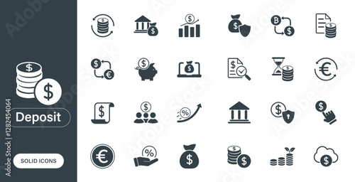 Vector icon representing deposits, banking, financial business, and currency conversion, designed as a solid icon in a minimalist style.