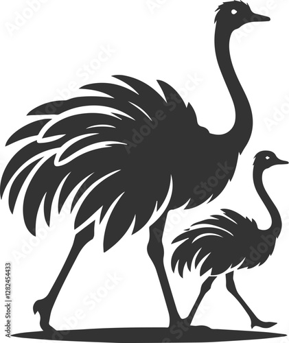 Ostrich with a baby ostrich following behind animal vector silhouette