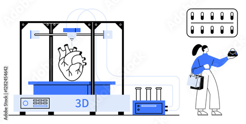 3D printer creating a human heart, scientist analyzing a model with equipment and test tubes. Ideal for biotechnology, medical innovation, healthcare advancement, scientific research, futuristic