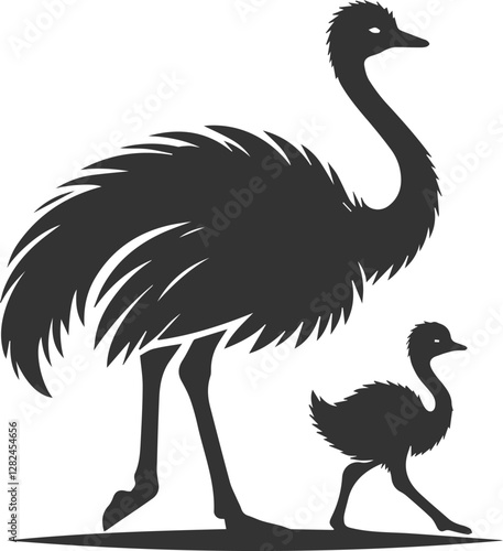 Ostrich with a baby ostrich following behind animal vector silhouette