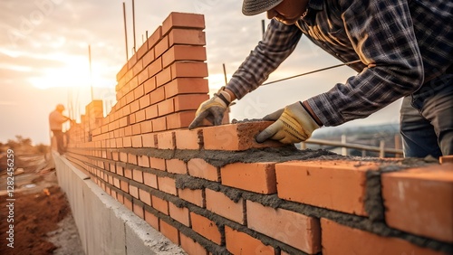 Wallpaper Mural Construction Worker Laying Bricks – Close-Up of Masonry Craftsmanship in Warm Sunlight Torontodigital.ca