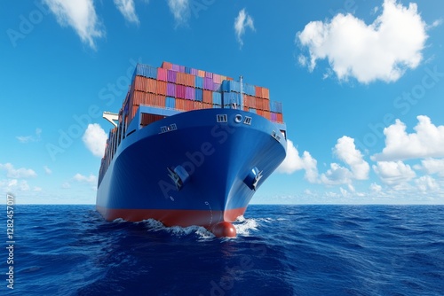 Fototapeta Naklejka Na Ścianę i Meble -  Panoramic front view of a cargo ship carrying containers for import and export, business logistic and transportation in open sea with copy space