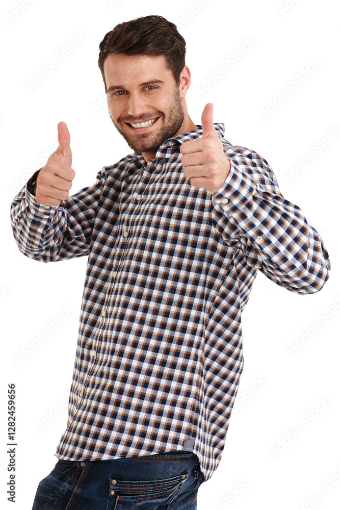 Portrait, smile and thumbs up of man isolated on white background for gesture as winner of competition or prize. Feedback, success and thank you with happy person in studio for emoji, like or yes Portrait, smile and thumbs up of man isolated on white background for gesture as winner of competition or prize. Feedback, success and thank you with happy person in studio for emoji, like or yes
