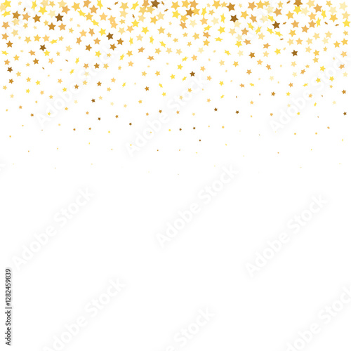 Star Sequin Confetti on White Background. Vector Gold Glitter. Falling Particles on Floor. Voucher Gift Card Template. Christmas Party Frame. Isolated Flat Birthday Card. Golden Stars Banner.