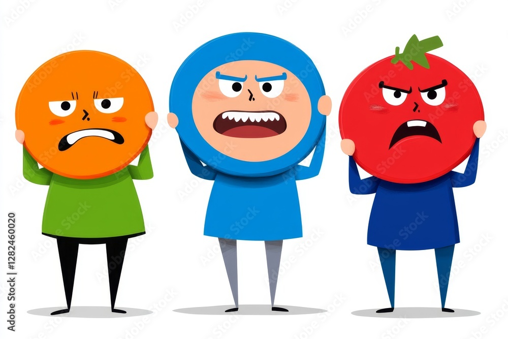 Fototapeta premium Playful people holding large circles with faces instead of heads Big round colorful heads with various Emotions Different mood concept Hand drawn Vector illustration Every person is isolated