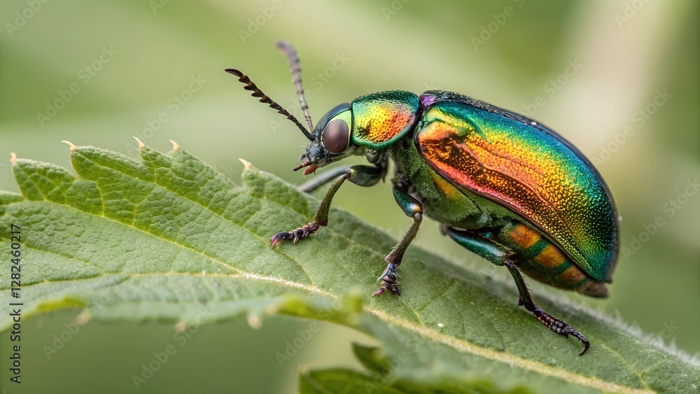 Iridescent Jewel Beetle on Leaf: A vibrant jewel beetle, showcasing a stunning display of iridescent colors, rests delicately on a textured green leaf, captured in exquisite detail. Iridescent Jewel Beetle on Leaf: A vibrant jewel beetle, showcasing a stunning display of iridescent colors, rests delicately on a textured green leaf, captured in exquisite detail.
