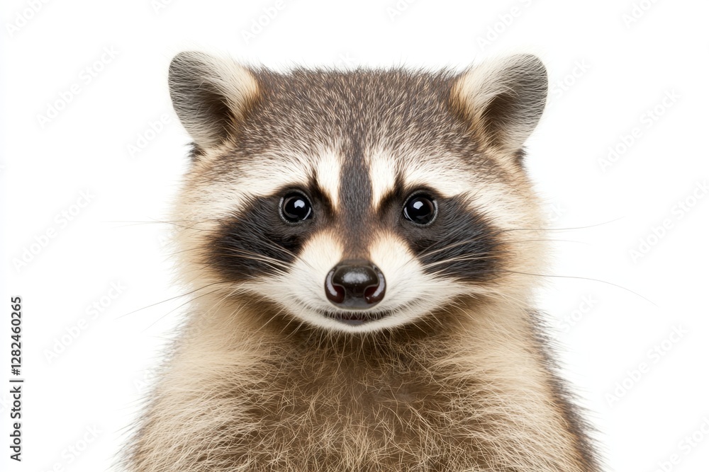 Fototapeta premium Portrait of a cute funny raccoon, closeup, isolated on a white background