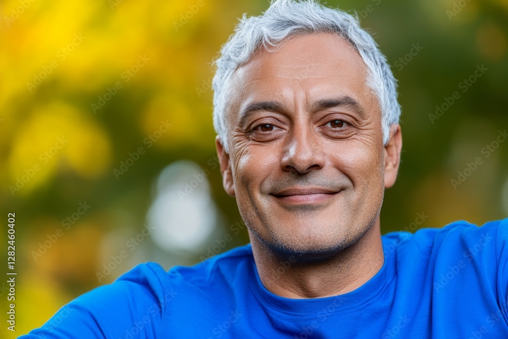 Portrait of a smiling middle-aged Hispanic man wearing a blue shirt, sitting outdoors with a blurred background of autumn foliage Portrait of a smiling middle-aged Hispanic man wearing a blue shirt, sitting outdoors with a blurred background of autumn foliage