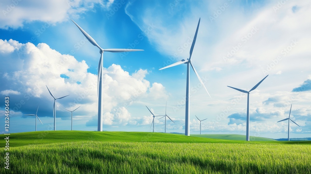 Wind turbines generating clean energy in a green field under blue sky Wind turbines generating clean energy in a green field under blue sky