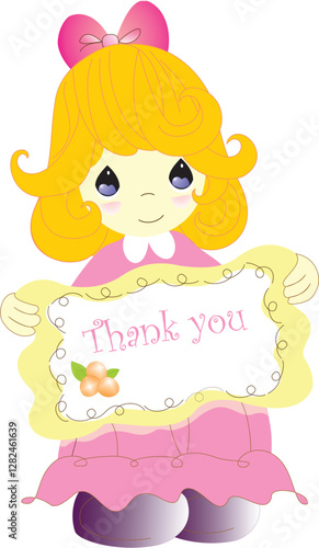 vector cartoon of a beautiful blonde girl wearing a pink shirt and carrying a sign saying thank you on a white background