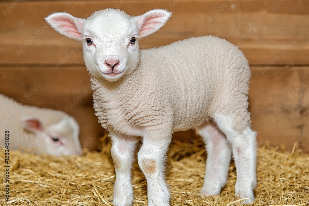 Portrait of lovely lamb staring at the camera in cattle barn In background flock of sheep eating food Portrait of lovely lamb staring at the camera in cattle barn In background flock of sheep eating food