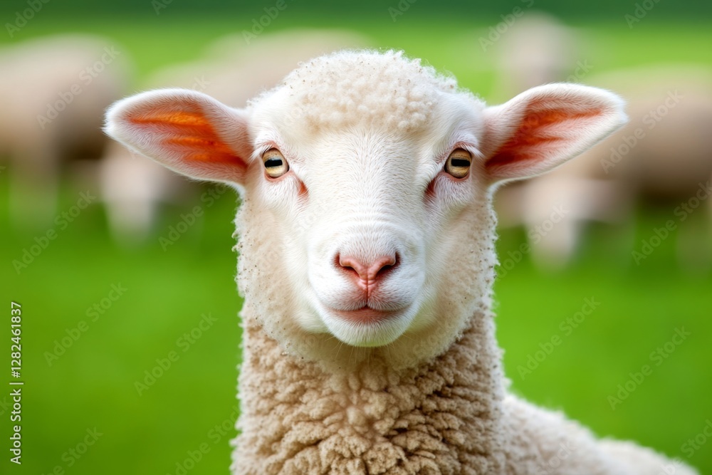 Obraz premium Portrait of lovely lamb staring at the camera in cattle barn In background flock of sheep eating food