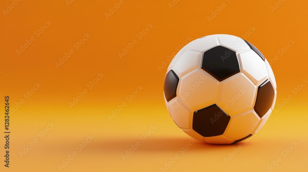 Obraz premium Traditional soccer ball with hexagonal patterns, placed on an orange background, well-lit, high-resolution sports concept.