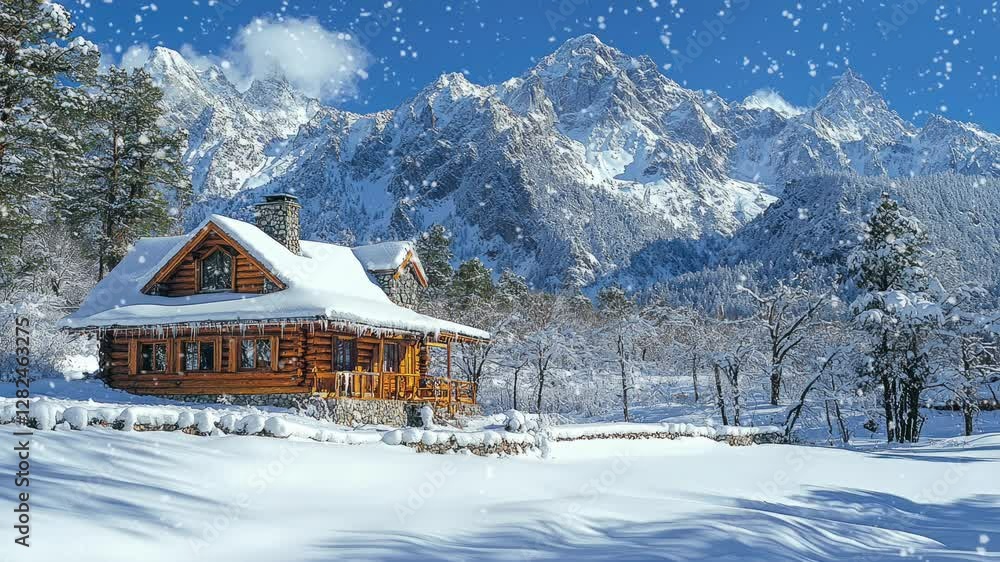 A picturesque log cabin surrounded by snow-covered mountains and trees in a winter landscape. Seamless looping 4k video background A picturesque log cabin surrounded by snow-covered mountains and trees in a winter landscape. Seamless looping 4k video background