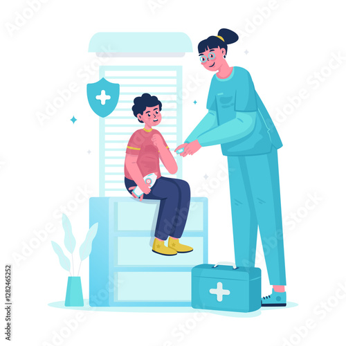 Illustration of a nurse giving plaster to a boy vector design