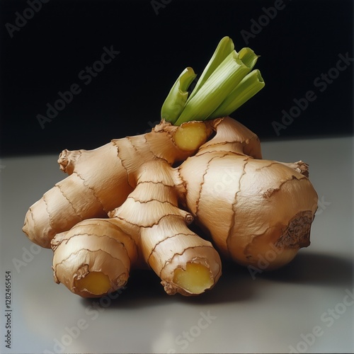 Fresh ginger root with green sprouts on dark background photo