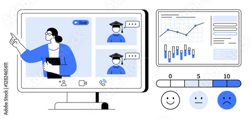 Teacher engaging with students in live video call on computer screen, performance charts, and mood rating bar. Ideal for online education, virtual classrooms, remote learning, webinars