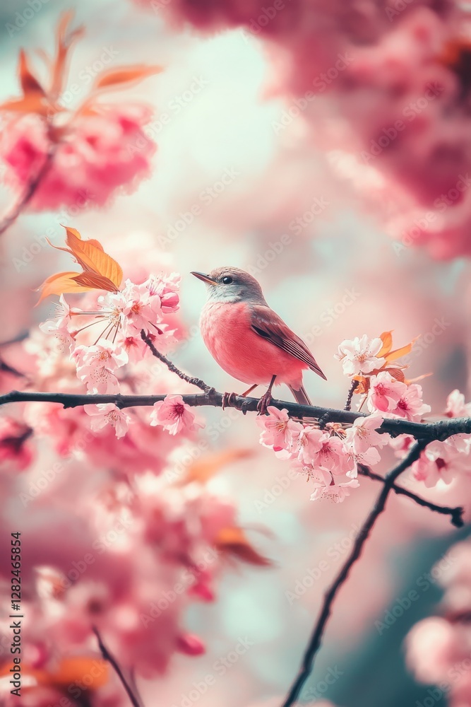 Pink flowers and bird Pink flowers and bird